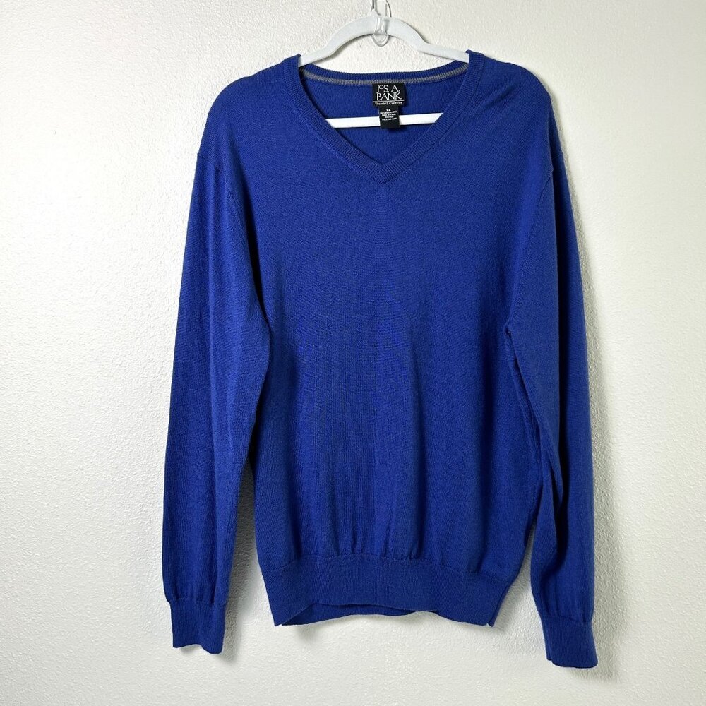 Jos A Bank Travelers Collection Sweater Size XL Blue Merino Wool V Neck Pullover